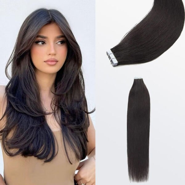 BooShai’s Glam Bar Premium Quality Straight Tape In Remy Hair Extensions #1B Natural Black