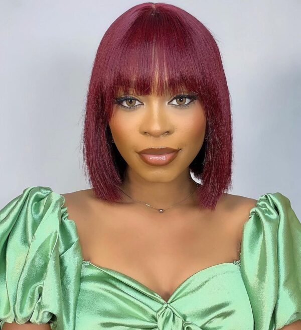 BooShai’s Glam Bar 10 Inches Reddish Purple Layered Cut Yaki Straight #99J Lace Bob Wig With Bangs - Image 5