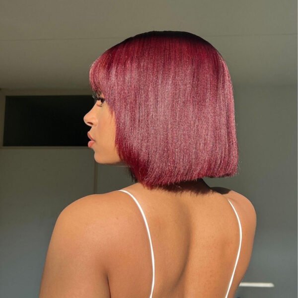 BooShai’s Glam Bar 10 Inches Reddish Purple Layered Cut Yaki Straight #99J Lace Bob Wig With Bangs - Image 9