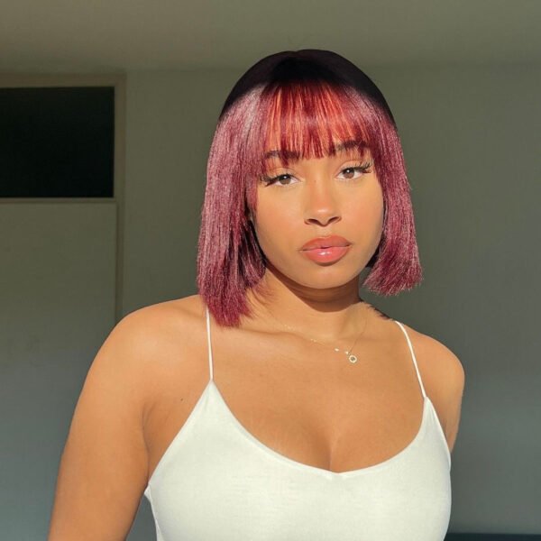 BooShai’s Glam Bar 10 Inches Reddish Purple Layered Cut Yaki Straight #99J Lace Bob Wig With Bangs - Image 8