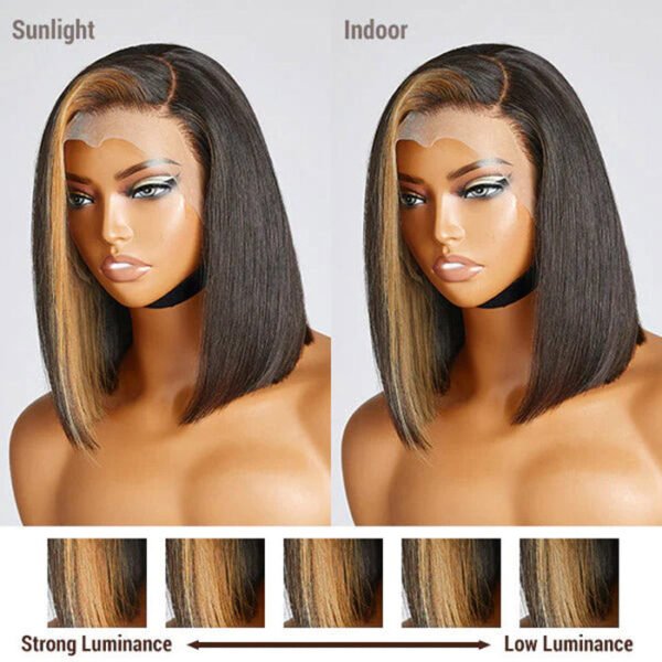 BooShai’s Glam Bar 10 Inches Blonde Highlight Bob With Bangs #1B/27 13x4 Straight Frontal Lace C Part Short Wig - Image 2