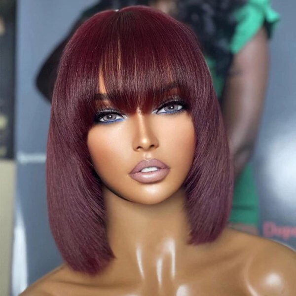 BooShai’s Glam Bar 10 Inches Reddish Purple Layered Cut Yaki Straight #99J Lace Bob Wig With Bangs